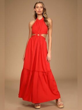 Lulu's Coral-Red Halter Maxi Dress with Waist Ring Cutouts